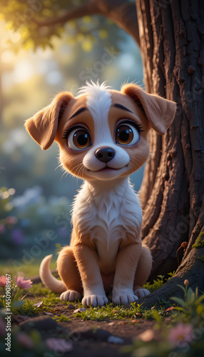 cute brown puppy with big eyes sitting by a tree emotional animal art