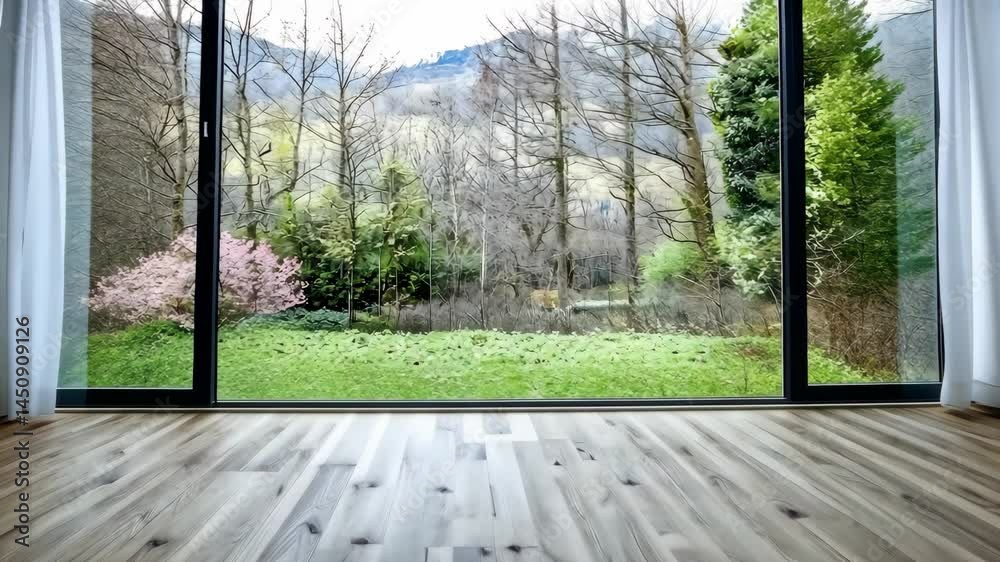 Empty room with large windows overlooking trees and mountains. Empty room with large windows overlooking trees and mountains.