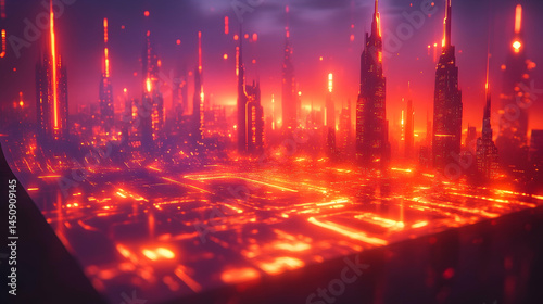 Futuristic city skyline at night illuminated with vibrant orange and red lights viewed from a unique perspective above