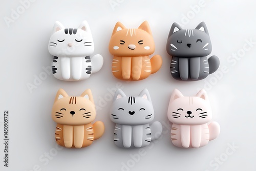 Cat-shaped fridge magnets isolated on a white background, creating a fun, playful display with space for design.