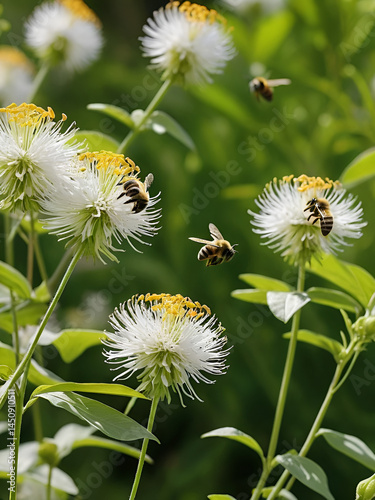 Pequi flowers sway gently in the breeze as bees flit between them, garden, trees