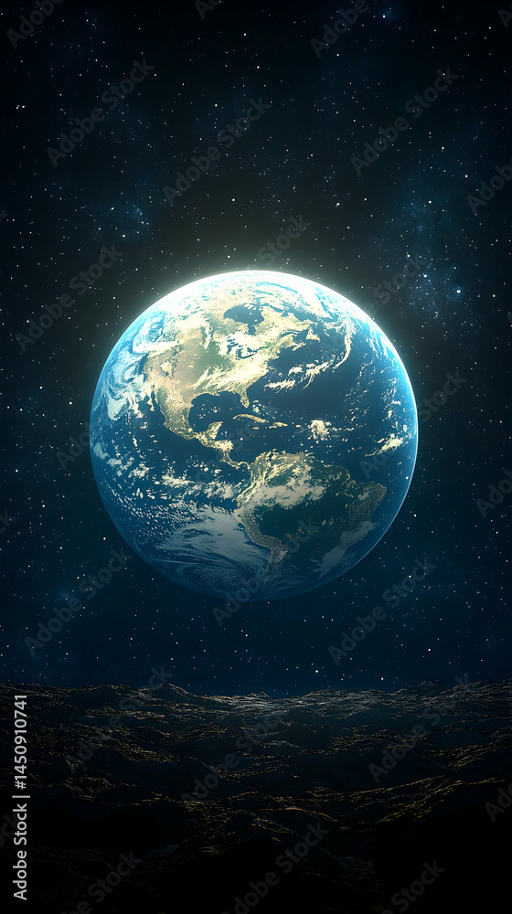 Fototapeta premium Earth seen from space, a luminous blue planet surrounded by a dark, starry void