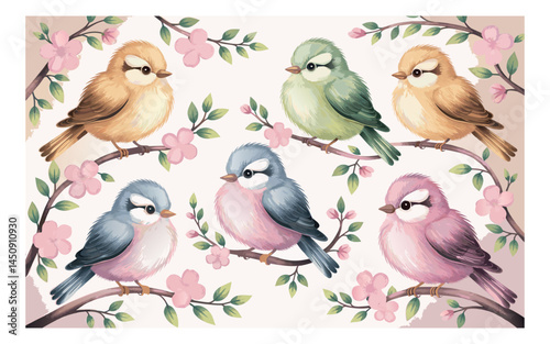 set of birds on a branch