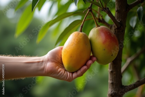 Close-up of Hand Harvesting Ripe Mango with Blurred Tropical Garden Background