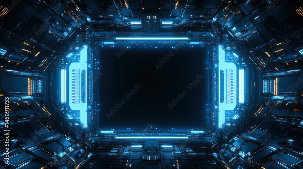 Obraz premium Futuristic neon glowing frame in dark corridor
