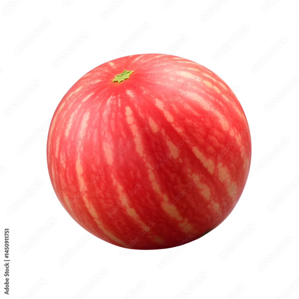 A single round red watermelon with light stripes isolated against a black background space A single round red watermelon with light stripes isolated against a black background space
