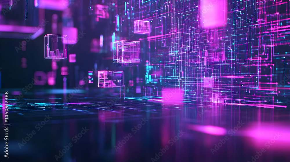 Obraz premium Abstract Futuristic Digital Cityscape Glowing Neon Lights