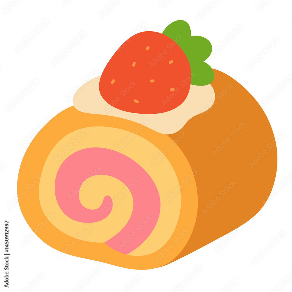 Strawberry roll cake with pink swirl and cream topping flat style isolated on transparent background. Strawberry roll cake with pink swirl and cream topping flat style isolated on transparent background.