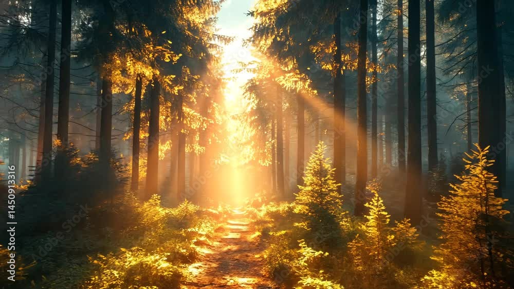 Sunlight shining through trees at sunrise in the forest Sunlight shining through trees at sunrise in the forest