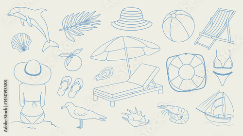 Hand-drawn summer vacation icons. Monochrome ink vector illustration with palm tree, seagull, chaise lounge, shells, lifebuoy, swimsuit, hat, flip-flops.