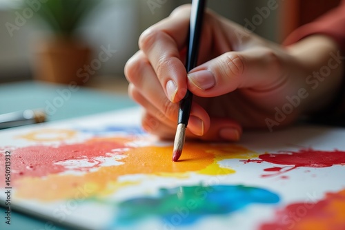 An artistic close-up: Woman's hand elegantly painting vibrant colors on canvas, embodying creativity and self-expression.