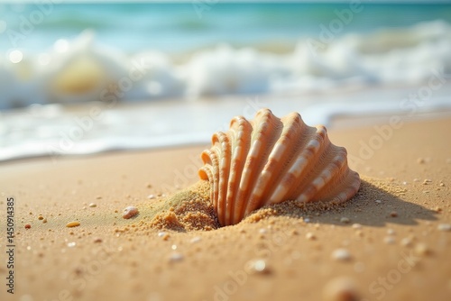 Seashell close-up in golden sand with crashing waves