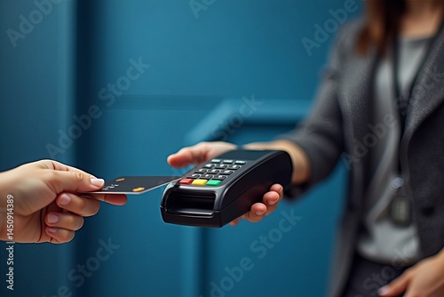 Woman making a credit card payment at retail store with stylish blue backdrop.