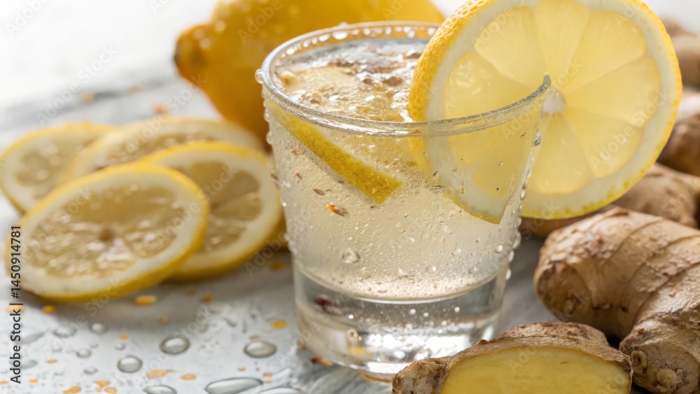 Two Glasses of Sparkling Lemon Ginger Drink with Citrus Slices and Fresh Ginger Root
Two Glasses of Sparkling Lemon Ginger Drink with Citrus Slices and Fresh Ginger Root