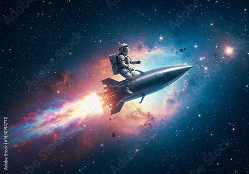 Wallpaper Mural Astronaut Riding Rocket Through Space with Nebulae Fantasy Exploration, Cosmic Adventure, Sci-Fi Art. Torontodigital.ca