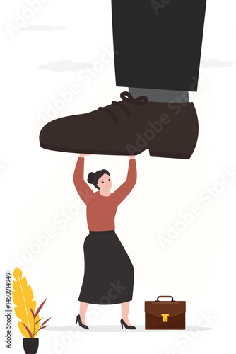 Competitor big feet or boss boot pressing female employee. Gender discrimination. Unfair competition, cheating or using authority and power to abuse competitor