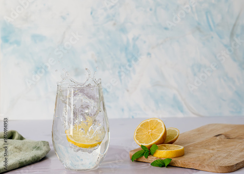 Lemon slice in glass with water splash. A series of dynamic shots with a lemon slice dropping into a glass of water against a light blue backdrop – a frozen moment of splash and freshness.