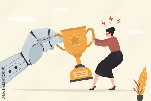 Robot arm and businesswoman pulling trophy. Chatbot and woman fight for winner cup, prize for best worker. Good work award. Creative or business competition