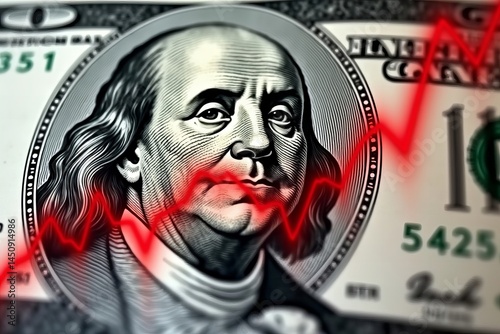 Economic Downturn: Benjamin Franklin's Face on Dollar Bill with Red Stock Market Graph in Close-Up Shot