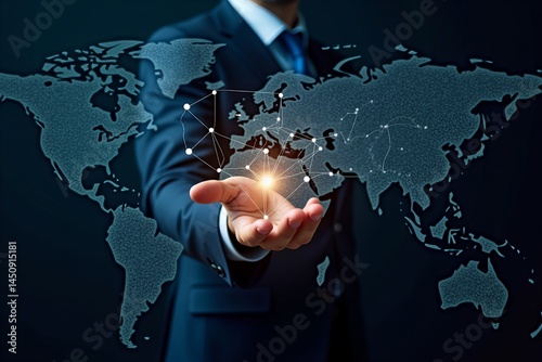 Businessman Grasping a Radiant Worldwide Network Connection Against World Map Backdrop.