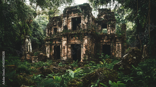 A mysterious ancient ruin overtaken by thick jungle vegetation, nature reclaiming lost history. [Corroded Realms] | Fungal Castles | nature reclaim. Illustration
