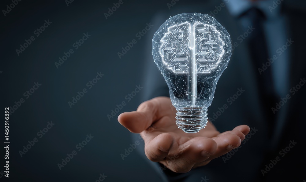custom made wallpaper toronto digitalOn a blue bokeh background, a businessman clutches half of a virtual lightbulb and a brain, representing the notion of astute thinking and groundbreaking innovation