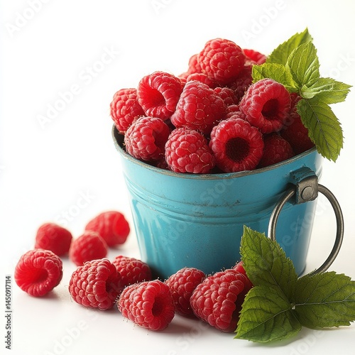 Raspberries overflowing a blue bucket with mint leaves on a white surface