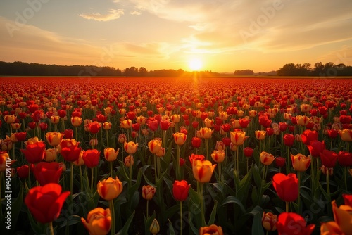 Golden Hour Aerial Shot of a Flower Field: Capturing the Serenity and Splendor of Nature