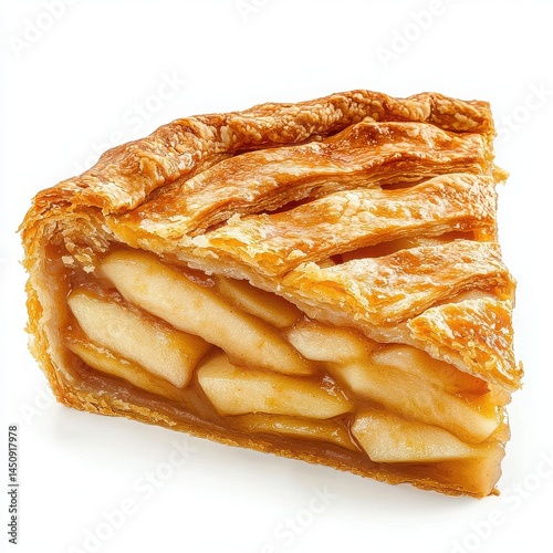 A single slice of apple pie with lattice crust on a plain white background