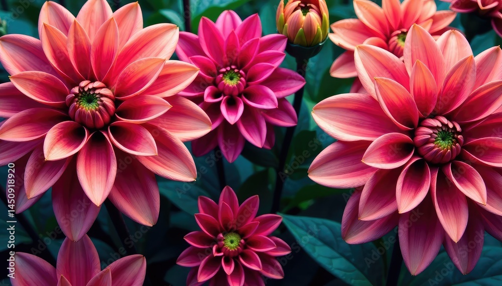 Obraz premium Bold dahlia blossoms, repeating floral motif, rich hues , retro, design, image