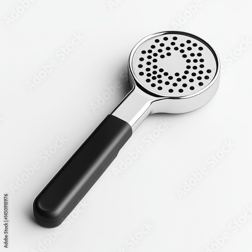 Close up of a chrome garlic press with a black handle on a white surface