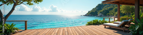 A serene beachfront resort with a wooden deck, lounge chairs, and a breathtaking view of the turquoise ocean and lush greenery.