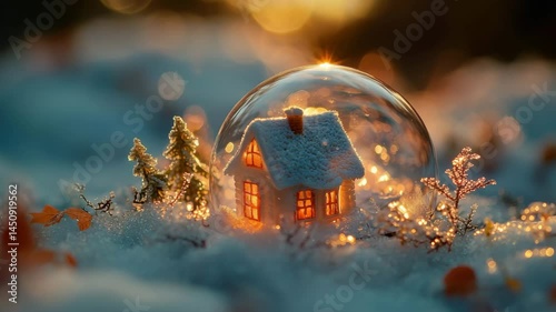 Enchanted Snow Globe with a Cozy House Surrounded by Frosty Nature