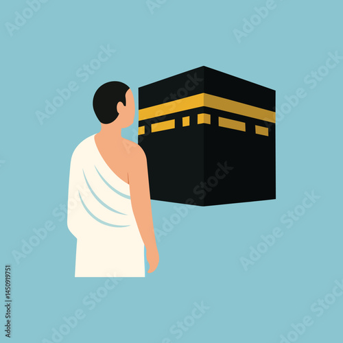 Muslim Man Performing Hajj Facing Kaaba – Flat Vector Illustration