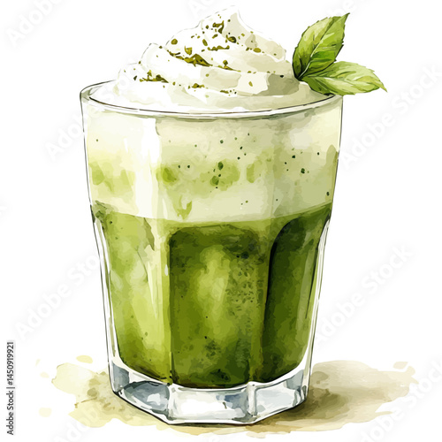 watercolor of Creamy Hot Matcha Latte, vector, isolated on a white background.