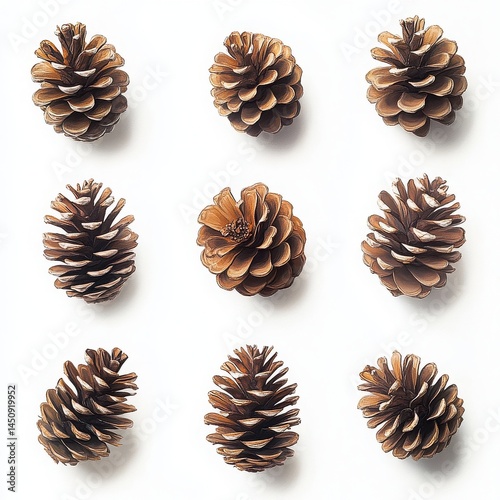A grid of nine brown pine cones arranged on a plain white background surface