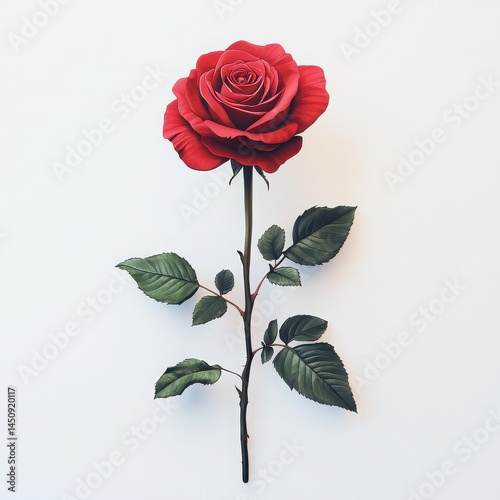 A single red rose with a long stem and green leaves on a white background