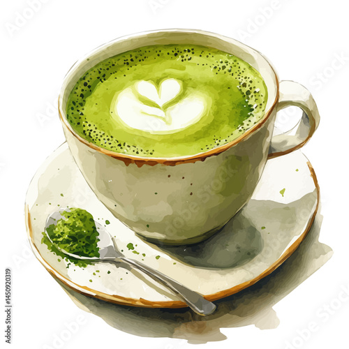 Creamy Hot Matcha Latte, vector watercolor illustration, isolated on a white background.