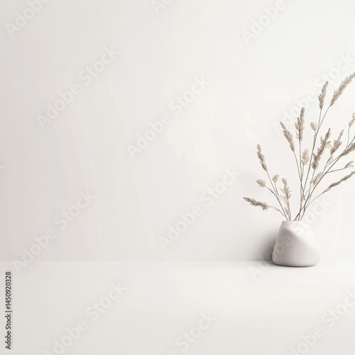 Minimalist scene with vase of dried grass on a white surface (shop name placeholder)