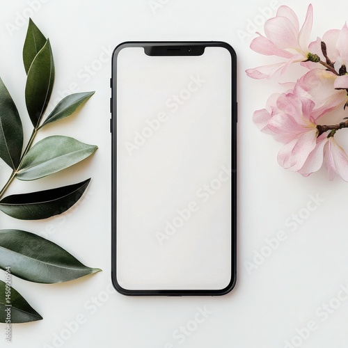A blank smartphone screen surrounded by green leaves and pink flower blooms