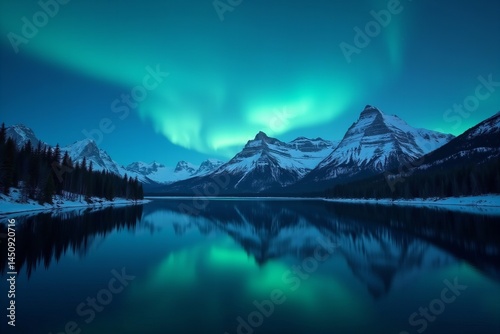 Aurora Borealis swirling over snow-capped mountains reflected in a tranquil lake.