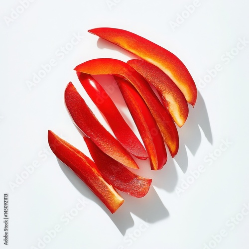 A top down view of sliced red bell peppers arranged on a white surface area