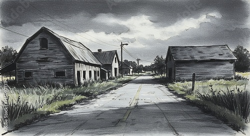Gray scale deserted country road with barns and buildings