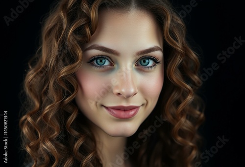Female portrait with curly brown hair and bright blue eyes
