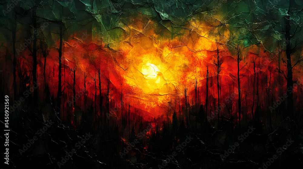 Fototapeta premium Fiery sunset over a dark, charred forest. Bold colors and thick brushstrokes depict the aftermath of a wildfire