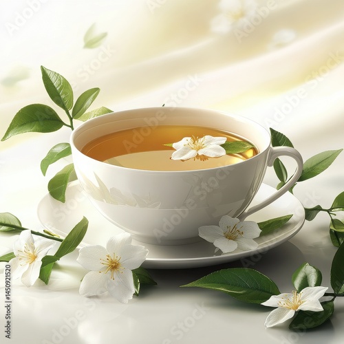 A cup of tea with a white flower floating in it surrounded by white flowers