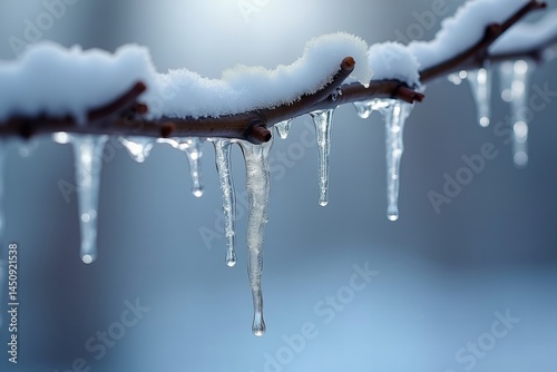 Capturing the Delicate Beauty of Winter: Close-up of a Crystal-Clear Icicle Hanging from a Tree Branch