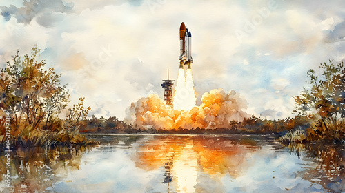 Space shuttle launch reflected in calm water trees lining the shore  Sunset hues color the sky and smoke