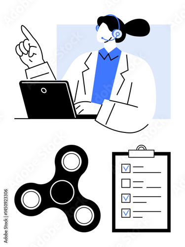 Woman wearing a headset and raising a finger while using a laptop, with a checklist and spinner. Ideal for customer support, productivity, stress management, focus, multitasking, organization, simple