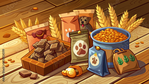 Carefully crafted, each piece a treat,
Packed with minerals, protein, and wheat.
On warm wood floors it calmly waits,
A pup’s delight on feeding plates.